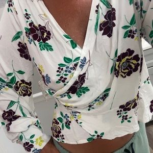 NWT Free People Ivory w/ flowers lightweight faux button wrap shirt